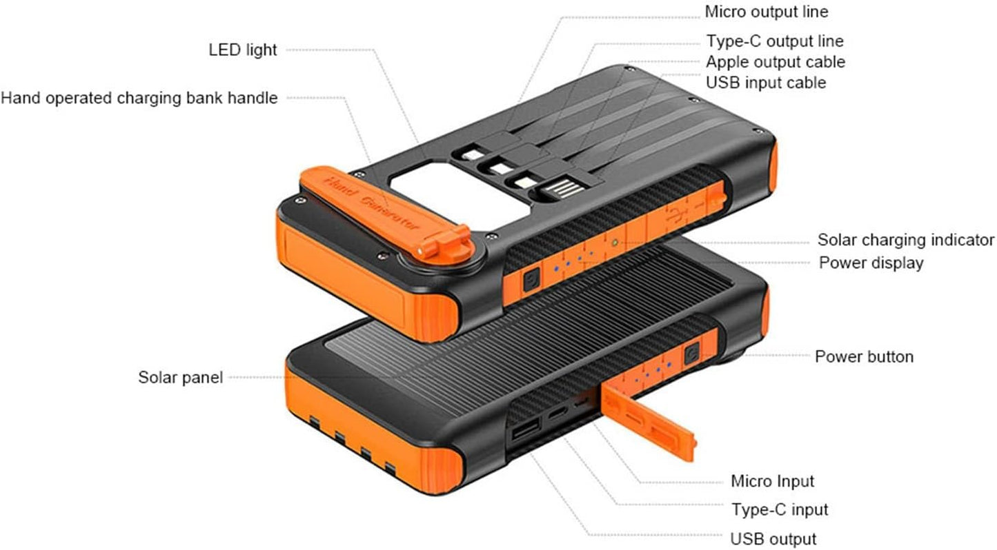 10000mAh Hand Crank Solar Power Bank Outdoor Emergency Powerbank LED Flashlight 5 Ports Phone Charger