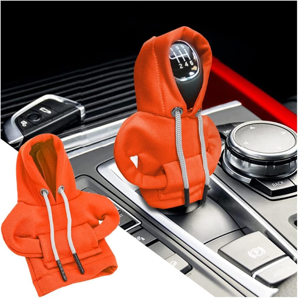 XINLIYA Car Gear Shift Cover, Fashionable Hoodie Automotive Gear Shift Knob Protector, Mini Winter Warm Sweater Shirt Gear Shift Knob Cover, Universal Christmas Vehicle Decor Accessories（Orange）