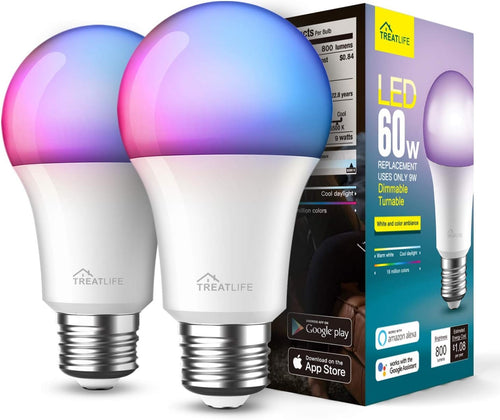 Treatlife Smart Light Bulb, Dimmable Multicolor and White LED Bulb, Compatible with Alexa, Google Assistant, A19 E26 8W (60W Equivalent), No Hub Required, 2 Pack