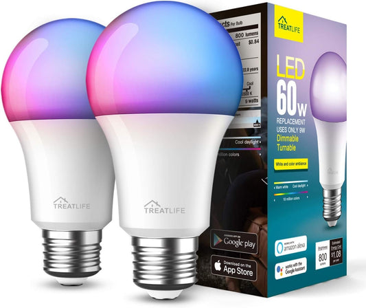 Treatlife Smart Light Bulb, Dimmable Multicolor and White LED Bulb, Compatible with Alexa, Google Assistant, A19 E26 8W (60W Equivalent), No Hub Required, 2 Pack