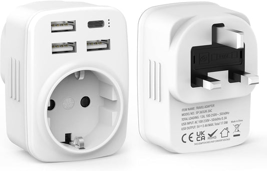 5 in 1 UK Plug Adapters, Clomnpe 2x UK Travel Adapter with 4 USB Ports, UK Italian Plug to Type G Sockets, UK Ireland, Dubai, Maldives, Malaysia, Hong Kong