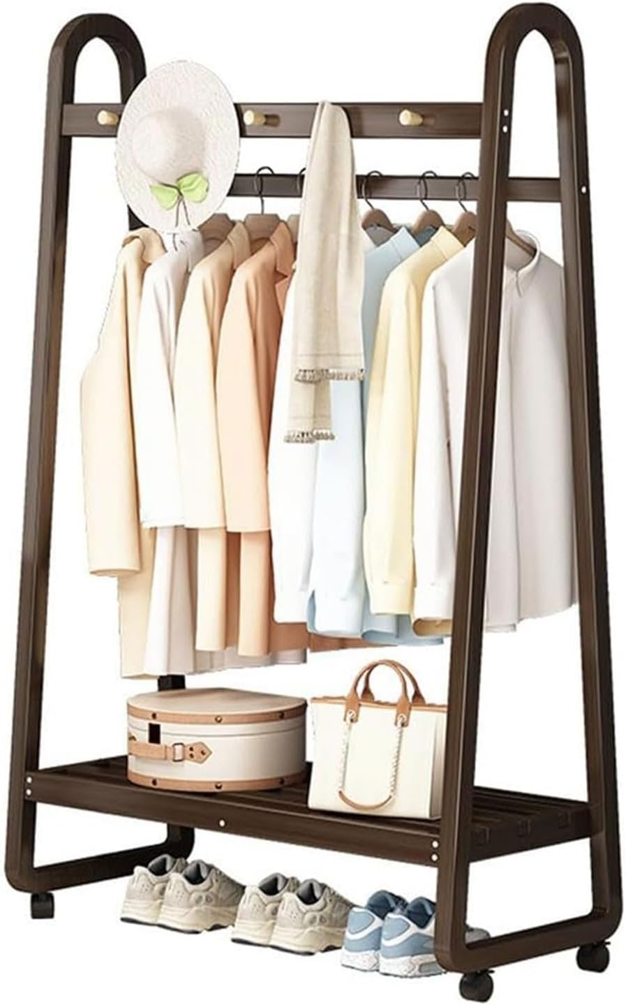 Generico Appendiabiti Multifunzionale in bambù con Ruote - Scaffale Appendiabiti Mobile per Camera da Letto e Soggiorno - Finitura Noce, Design Elegante e salvaspazio