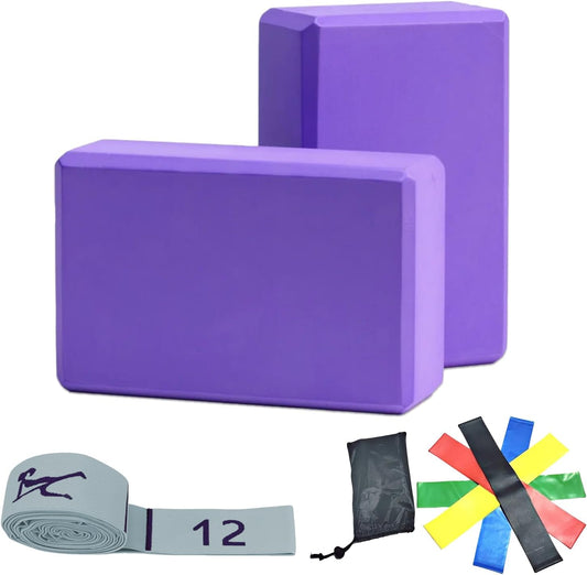 Yoga Blocks 2 Pack, high-density yoga block, EVA foam yoga block, with stretching belt, odor resistant and antiskid, used for yoga, Pilates and meditation