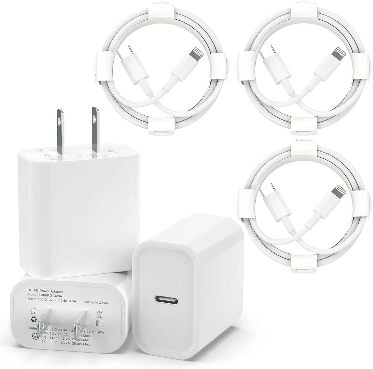 iPhone Charger Apple Charger Apple MFi Certified 3Pack Wall Charger with 1m Long Type C to Lightning Cables for iPhone 14 Pro Max iPhone 13 Pro 12 Mini 11XR AirPods Type C Adapter Block Fast Charging