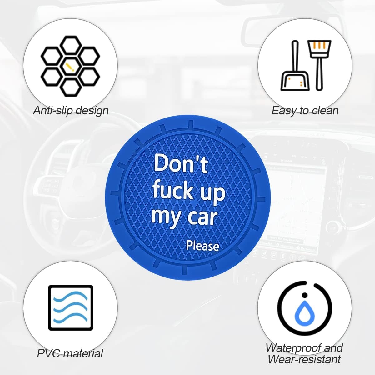 Car Cup Holder Coasters, 2 Pcs 2.75 Inch Non-Slip PVC Insert Cup Coaster, Anti-Scratch Auto Cup Mats for Women Men, Vehicle Interior Accessories Universal for Car, SUV, Truck (Blue-4)