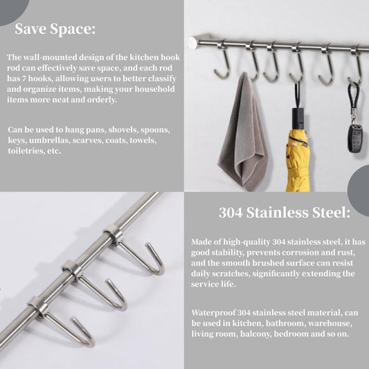 LYTIVAGEN Kitchen Utensil Holder Stainless Steel Kitchen Tool Bar with 7 Hooks Movable Wall Rail Kitchen for Kitchen Gadgets Pot Ladle Kitchen Helper Bathroom