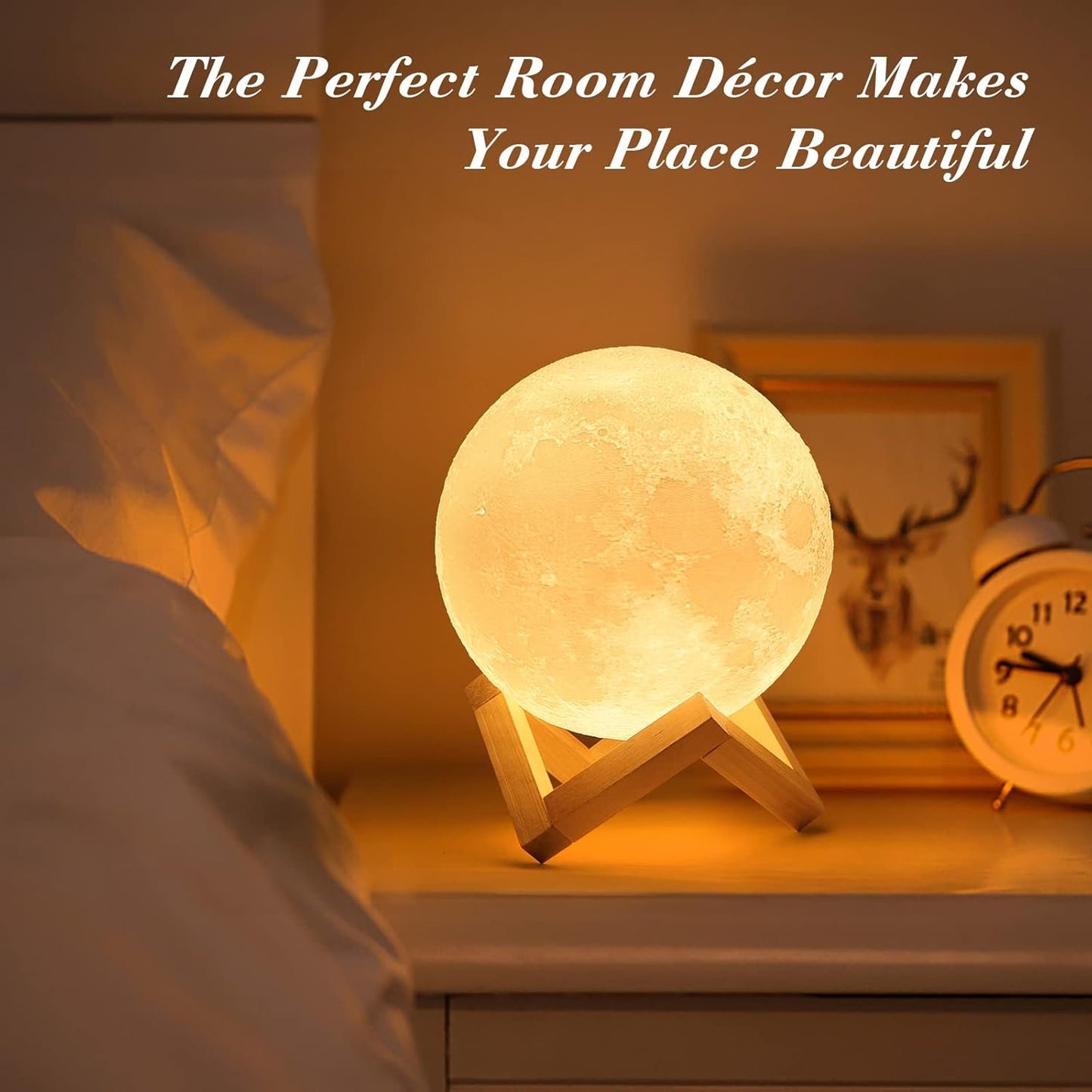 Mydethun Moon Lamp - Mothers Day Home Décor, Night Light, Moon Light with Brightness Control, LED Night Light, Bedroom, Women Kids Birthday Gift, Wooden Base, 5.9", White & Yellow