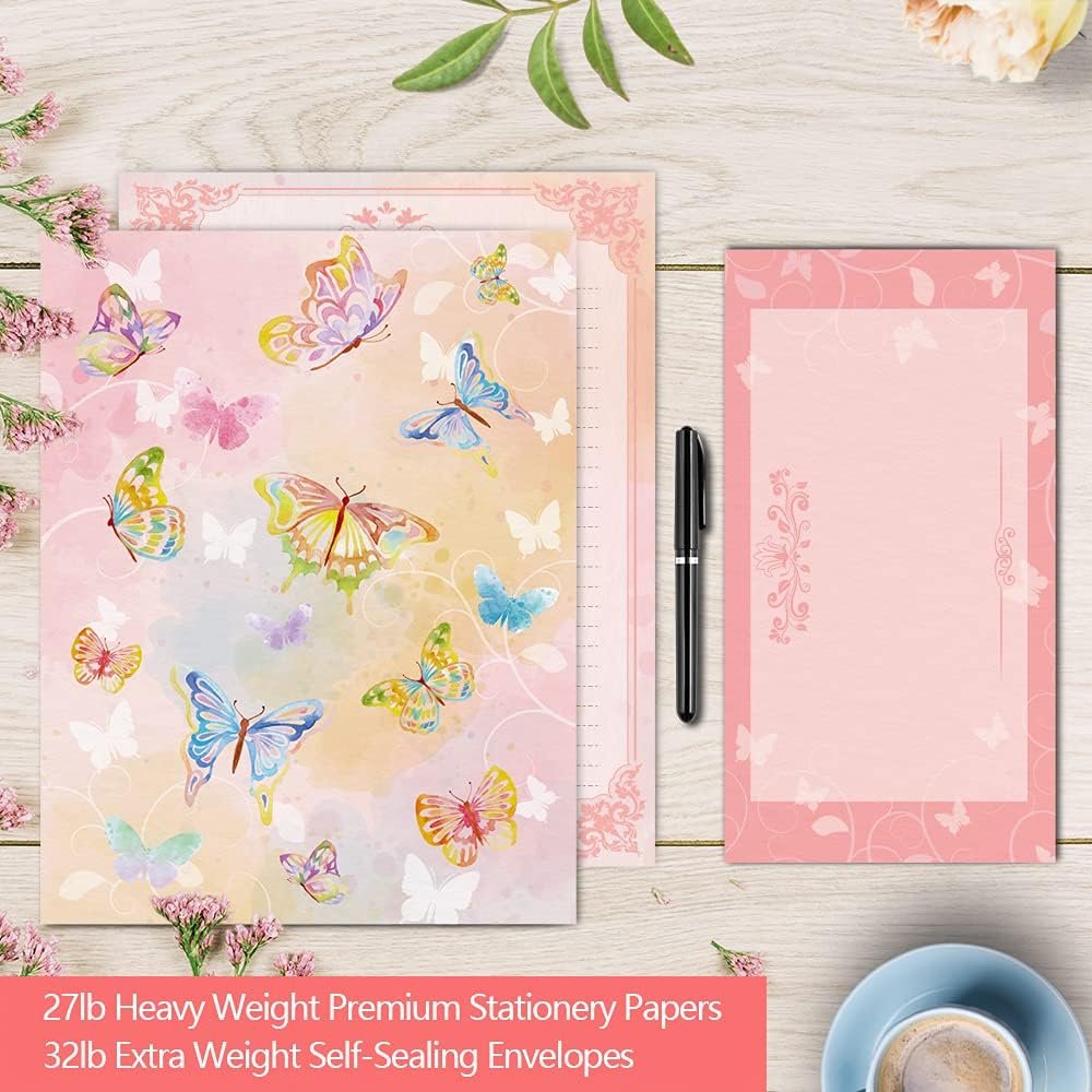 Watercolor Butterfly Stationery Paper (Lined Single Side) 48 Pieces and Self-Sealing Envelopes 24 PC Set, 27 lb Heavy Weight, Pink Letter Writing Stationary 11" x 8.5" with Letterhead