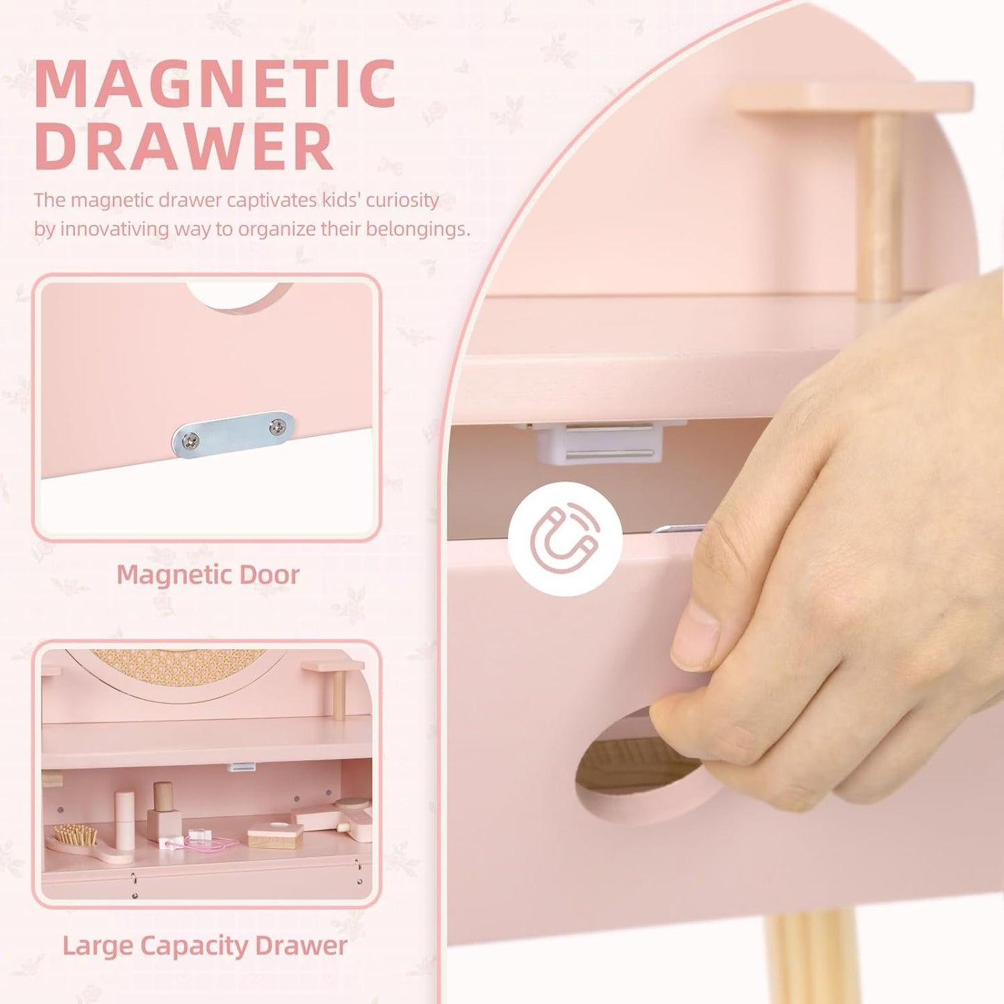 OOOK Kids Vanity Table and Chair Set, Pink Girls Vanity with 11 Pcs Accessories, Enough for Real and Pretend Makeup, Toddler Vanity for 3 Year Old and Up as Ideal Gift