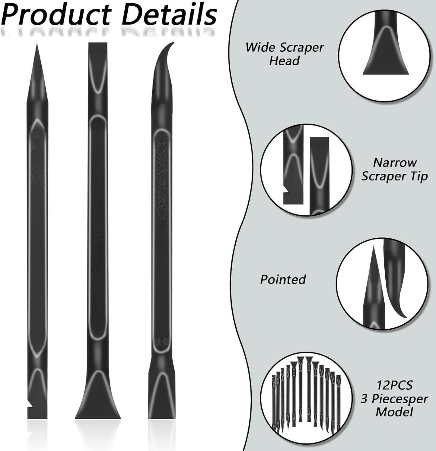 12 PCS Carbon Fiber Plastic Scrapers Tool, Non-Scratch Scraper Tool for Tight Spaces, Multi-Purpose Label Scraper Pen-Shaped, for Car Cleaning Supplies, Kitchen, Crevices, Stains (Black)