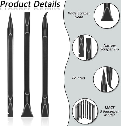 12 PCS Carbon Fiber Plastic Scrapers Tool, Non-Scratch Scraper Tool for Tight Spaces, Multi-Purpose Label Scraper Pen-Shaped, for Car Cleaning Supplies, Kitchen, Crevices, Stains (Black)