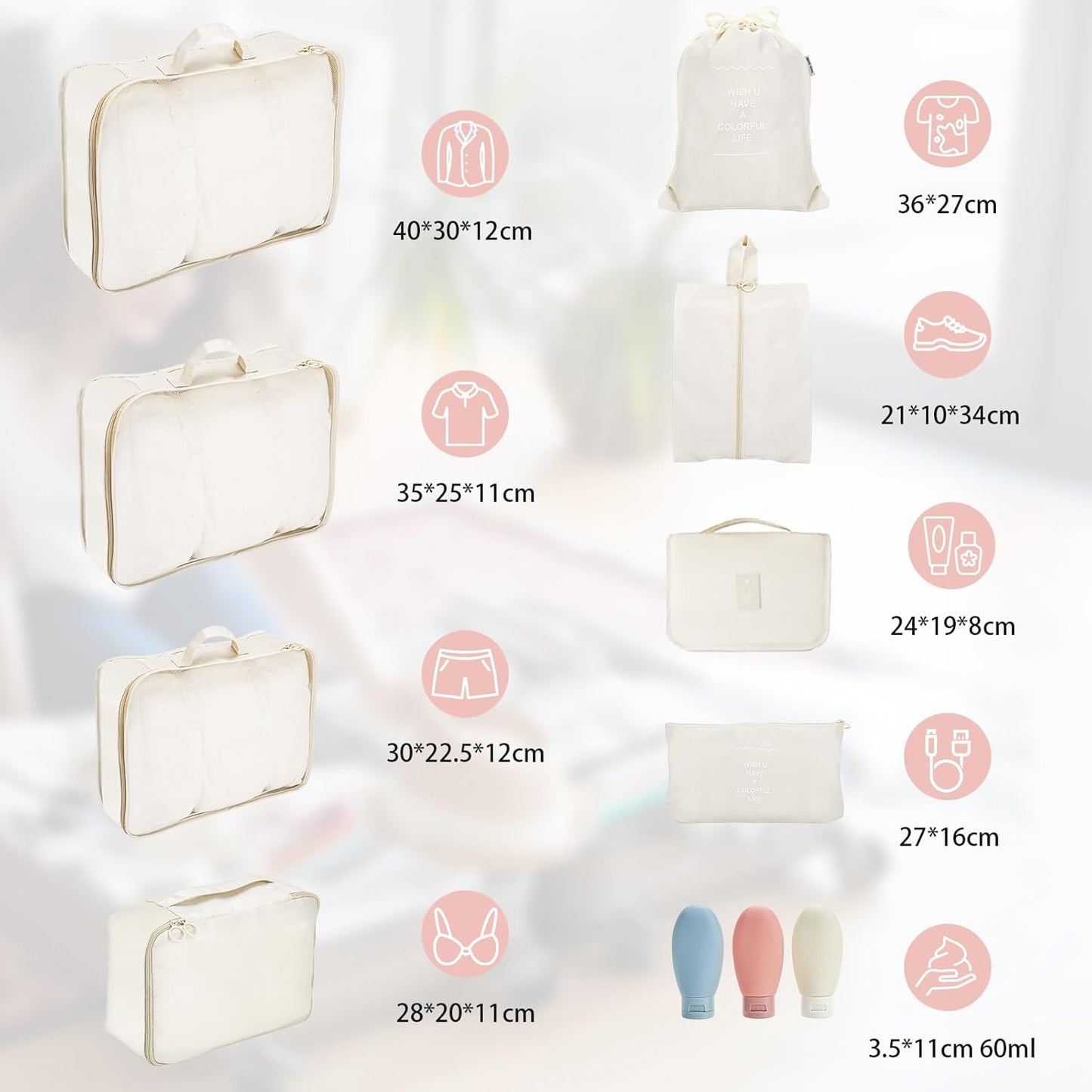Onlyesh 11 Pieces Waterproof Suitcase Organizer Suitcase Space-Saving with 3 Liquid Travel Containers, Set Organizer Suitcase for Clothes, Cosmetics, Shoes, Underwear, Beige