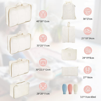Onlyesh 11 Pieces Waterproof Suitcase Organizer Suitcase Space-Saving with 3 Liquid Travel Containers, Set Organizer Suitcase for Clothes, Cosmetics, Shoes, Underwear, Beige