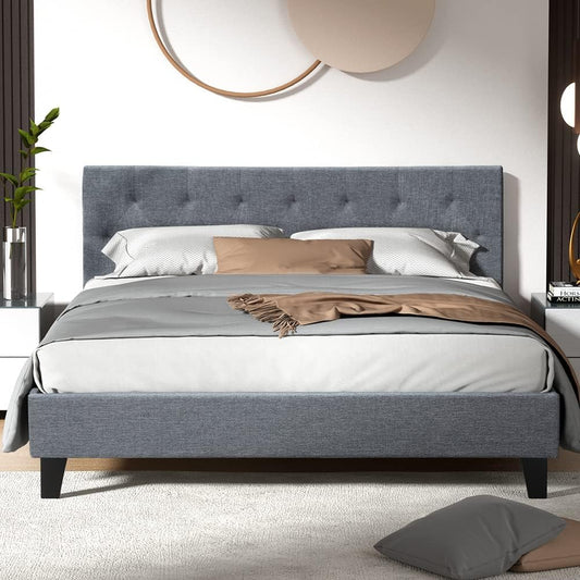 Artiss Queen Bed Frame Platform Tufted Headboard Wooden Frames Beds Base Bedroom Room Decor Home Furniture, Upholstered with Grey Faux Linen Fabric + Foam + Wood, Modern Design