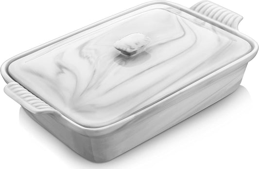 MALACASA Casserole Dish With Lid, 3.4 Quart Baking Dish With Lid, Deep Lasagna Pan Ceramic Bakeware Covered Casserole Dish Set, Microwave, Oven, Dishwasher Safe, 12 x 8.9 x 3 inch, Series BAKE-GREY
