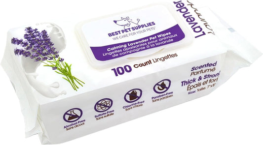 Best Pet Supplies Pet Grooming Wipes For Dogs & Cats, 100 Pack, Plant-Based Deodorizer for Coats & Dry, Itchy, or Sensitive Skin, Clean Ears, Paws, Body, & Butt - Calming Lavender