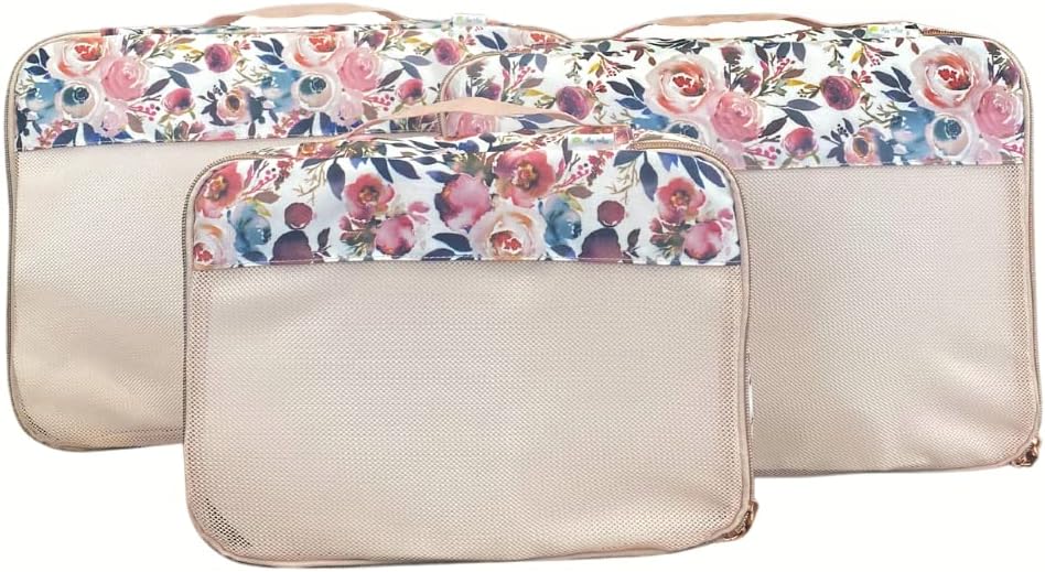 Itzy Ritzy Packing Cubes – Set of 3 Large Packing Cubes or Travel Organizers; Each Cube Features a Mesh Top, Double Zippers and a Fabric Handle; Blush Floral - Large Set (LPC9100)