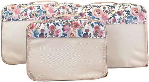 Itzy Ritzy Packing Cubes – Set of 3 Large Packing Cubes or Travel Organizers; Each Cube Features a Mesh Top, Double Zippers and a Fabric Handle; Blush Floral - Large Set (LPC9100)