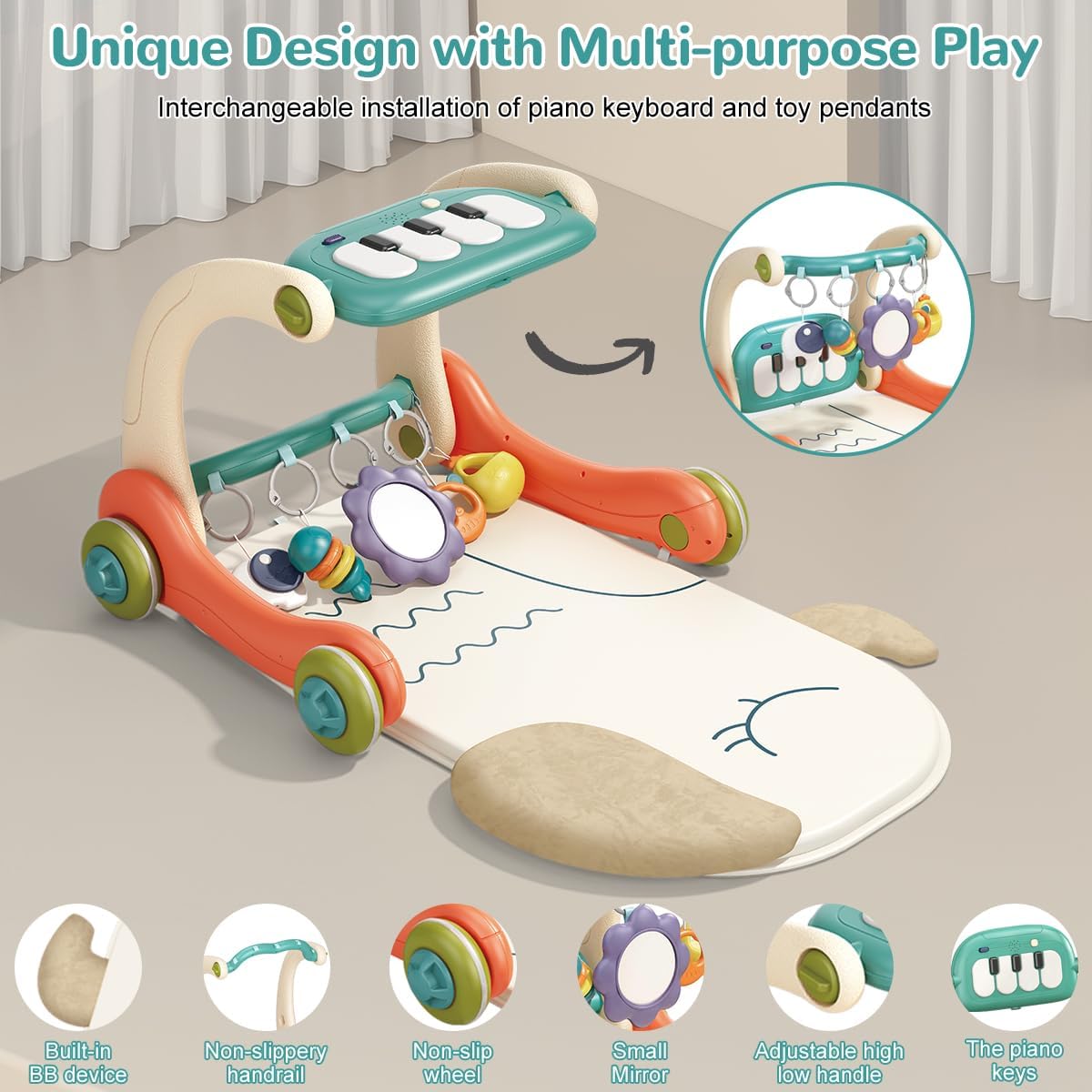 Hitish 3 in 1 Baby Play Mat Gym, Kick and Play Piano Gym with Music Light, Activity Tummy Time Play mat with 5 Learning Sensory Toys, Infant Gifts for Newborn Baby Toddler 0-14 Months
