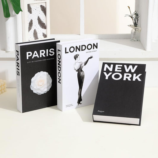 ifreeside Decorative Books for Home Décor Faux book Storage Box for Living Room London Paris New York 3pcs (002 Black)