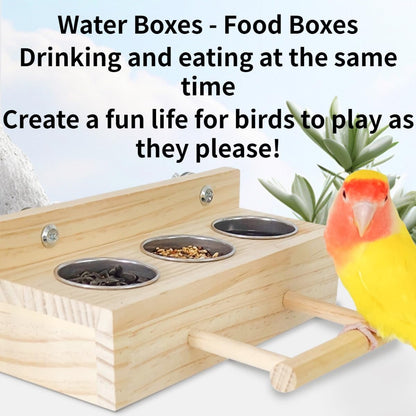 Bird Food Stainless Steel Cups Wooden Perch Stand Hanging Feeder Bowls Feeding and Watering Supplies for Parakeets Conures Cockatiels Budgie Parrot (with Three Cups)