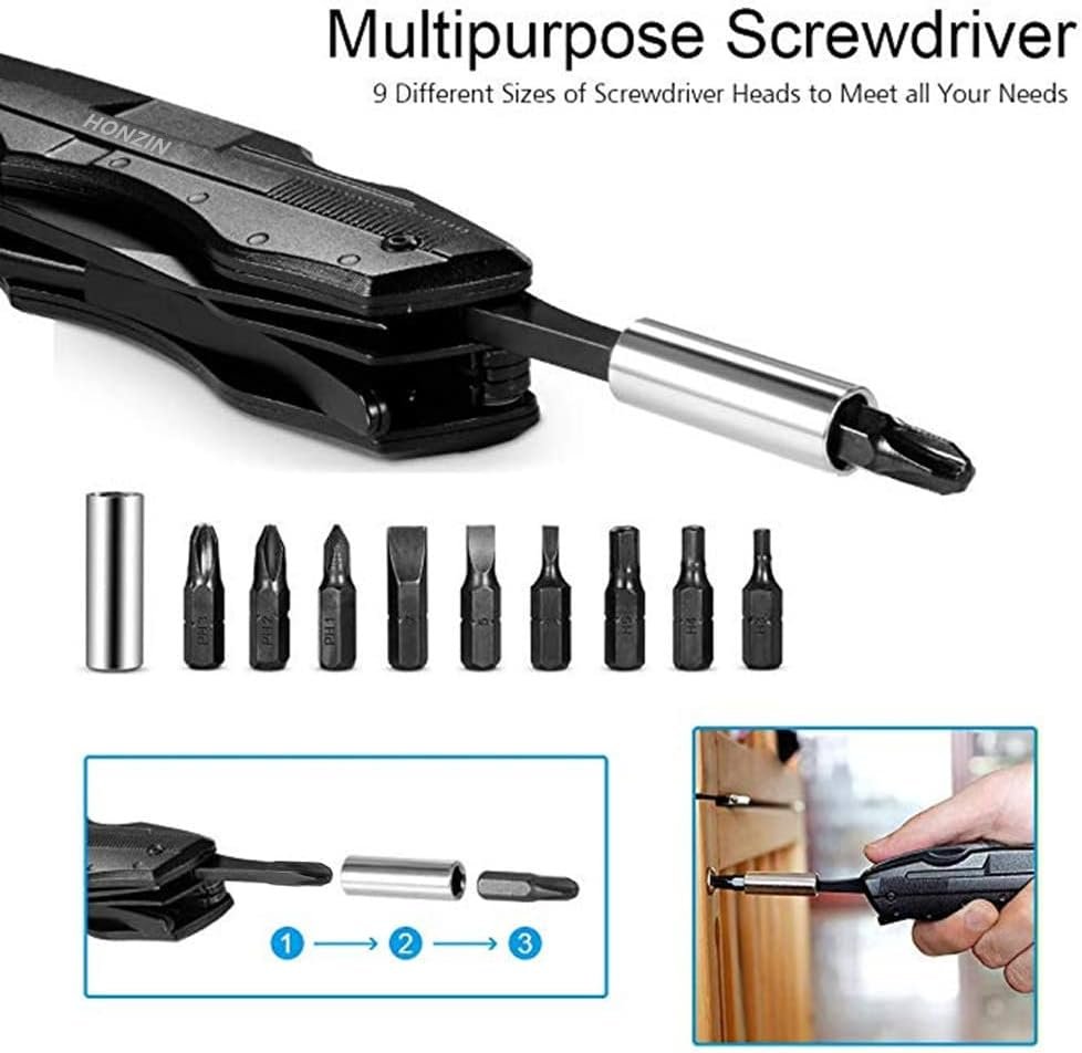 HONZIN Multitool Pliers 16 in 1 Multitool Pocket Knife with Nylon Sheath Black Multi Tool for Camping Outdoor Survival