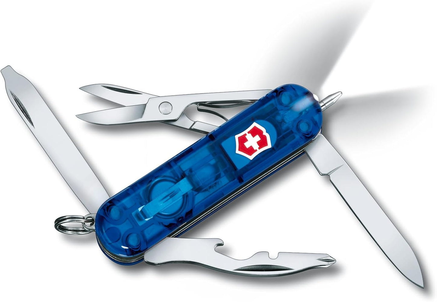 Victorinox Midnite Manager Swiss Army Pocket Knife, Small, Multi Tool, 10 Functions, LED, Scissors, Blue Transparent