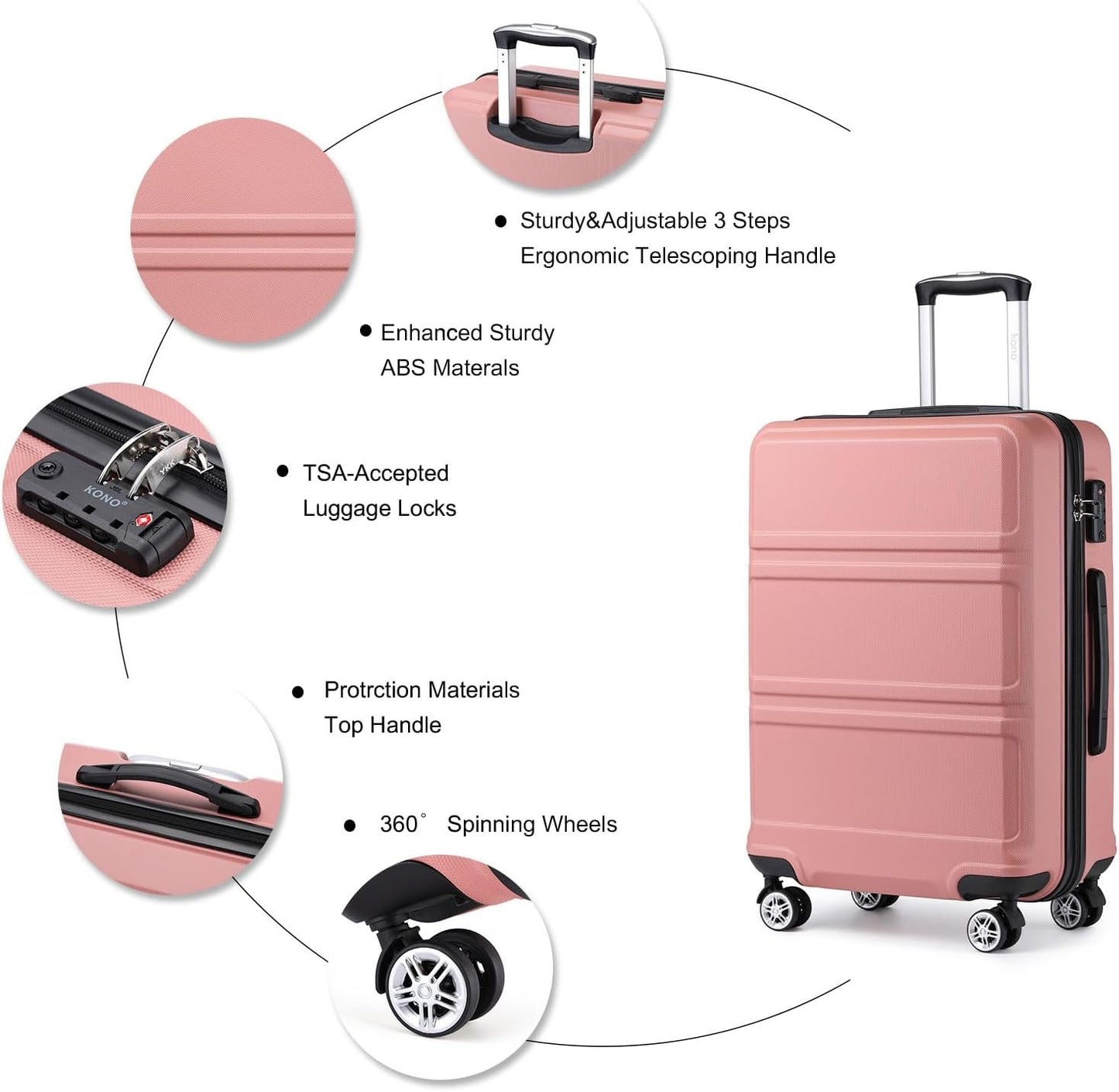 KONO 55 cm Heavy Duty Hard Suitcase 20'' Hand Luggage 4 Wheels with TSA Lock, Nude