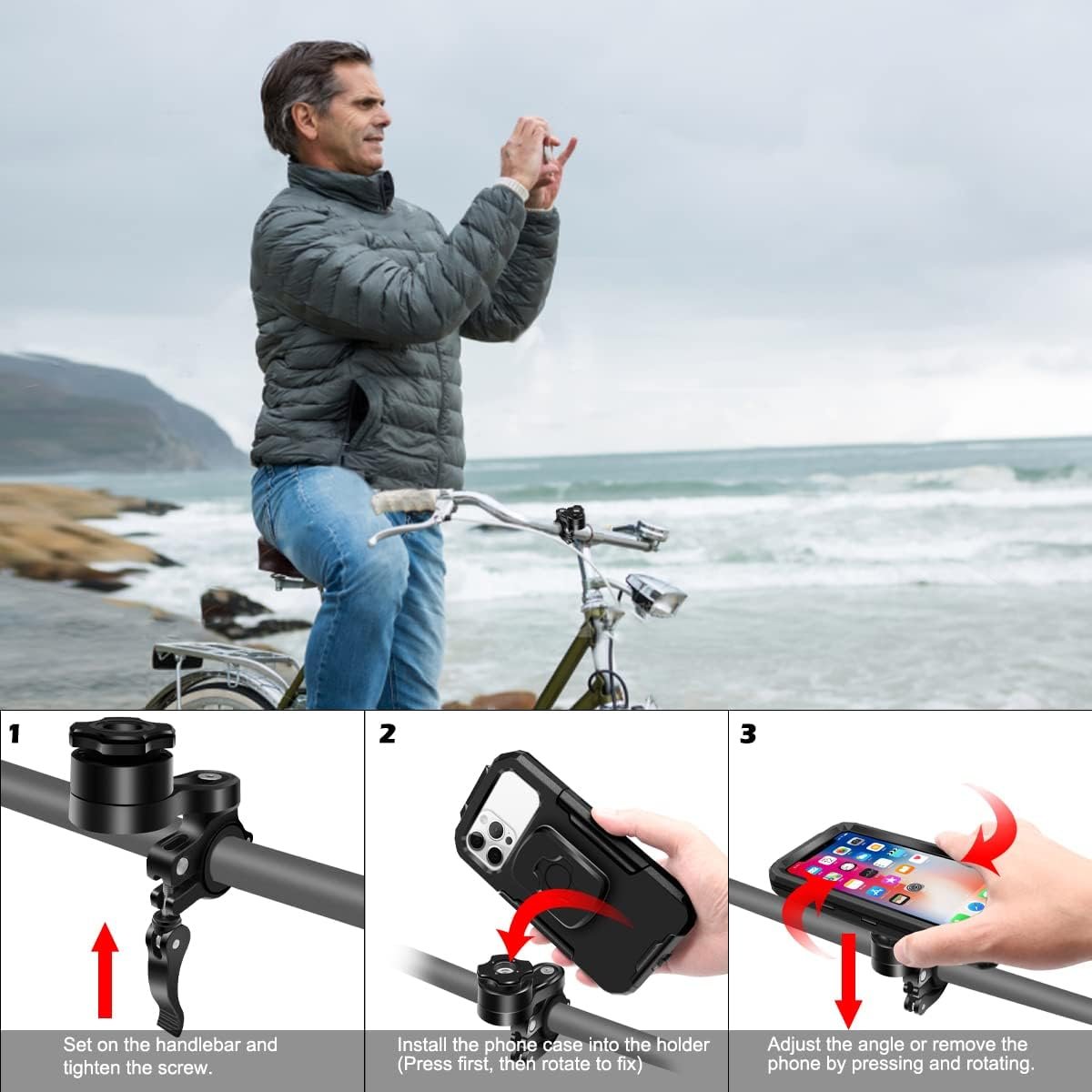 Universal Bike Cell Phone Holder, Waterproof 360° Rotation Motorcycle Phone Holder Anti-Shake Bicycle Phone Holder for 5.5-6.8 Inches Smartphone (L, Black)