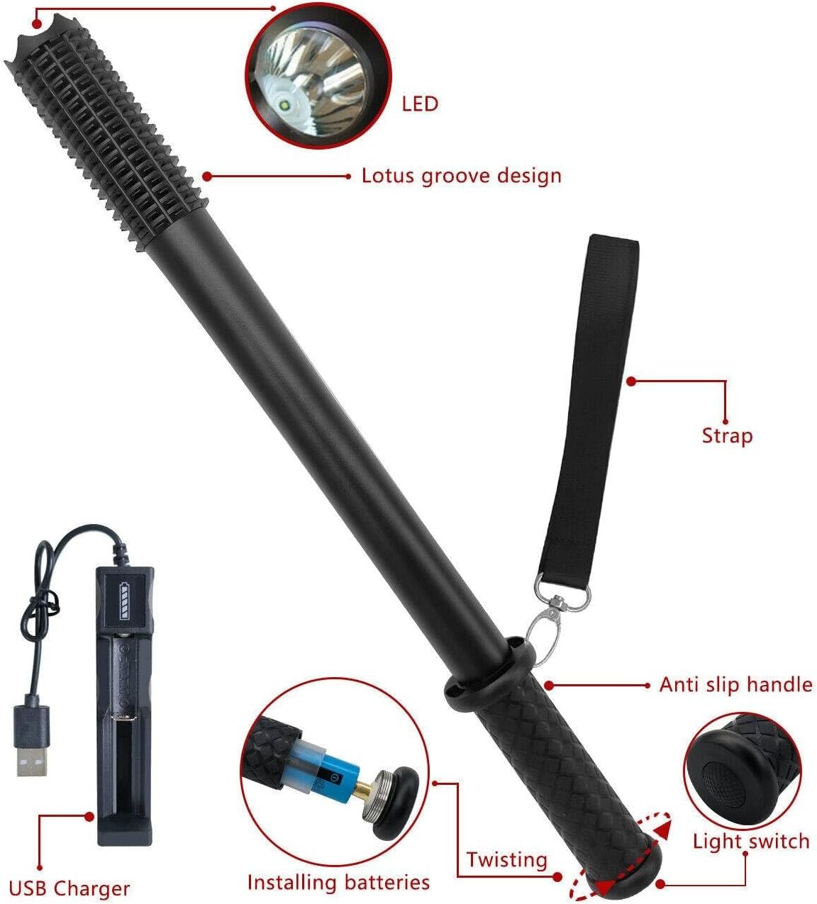 90000LM Baseball Bat LED Flashlights Waterproof Powerful Aluminium for Emergency