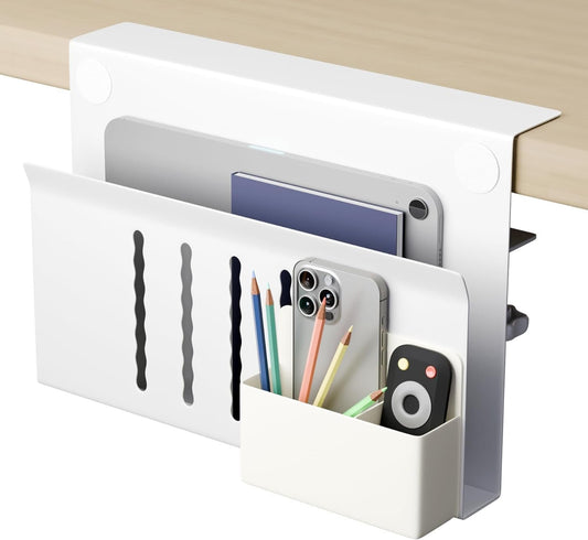 CARLA HOME Desk Side Storage,Under Desk Laptop Holder Organiser, No Drill Cable Management Tray with Pen Storage for Office and Home, Under Steel Hanging Storage Tray (White)