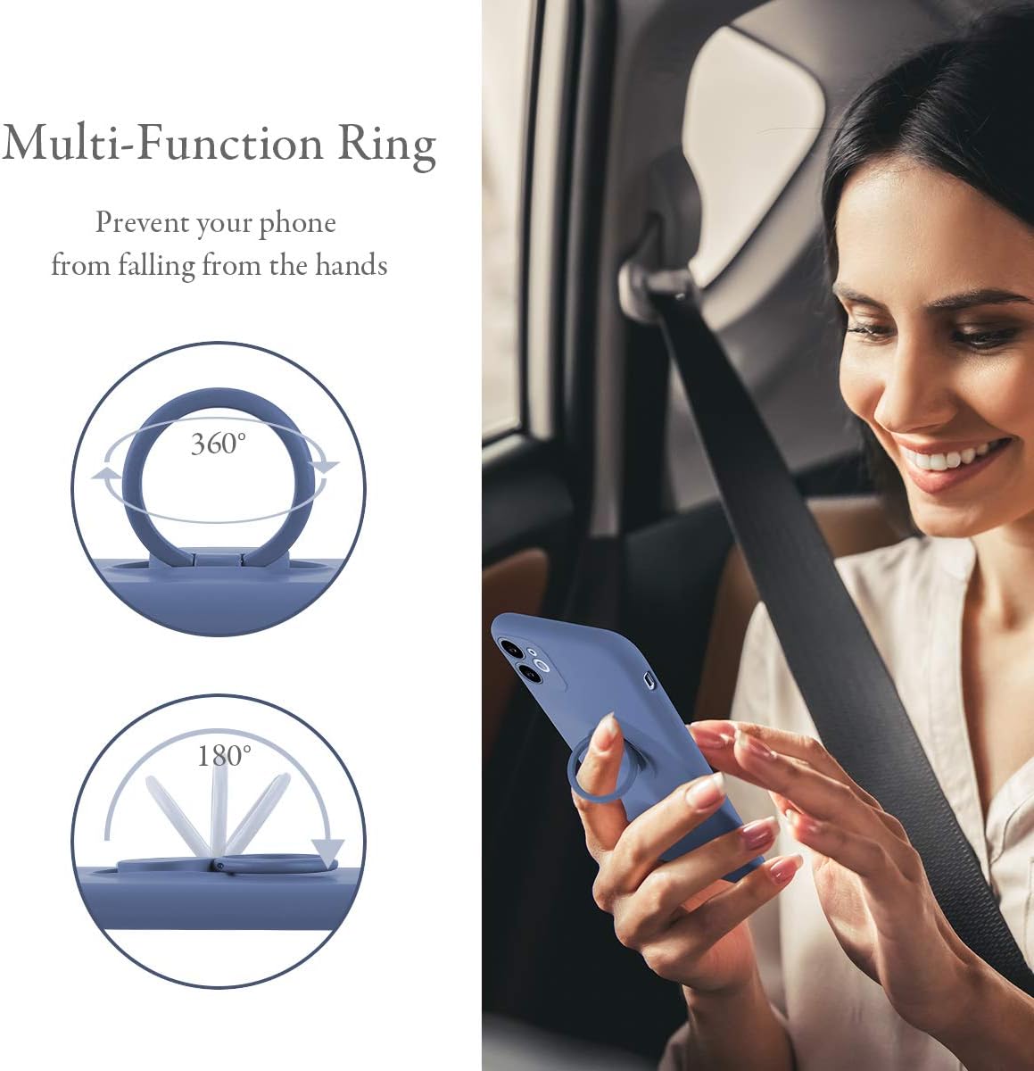 UEEBAI Case for iPhone 11 (6.1 inch), Slim Liquid Silicone Phone Case with 360 Rotatable Ring Holder Kickstand Fashion Hand Strap Magnetic Car Mount Shockproof TPU Bumper Cover - Grey Blue