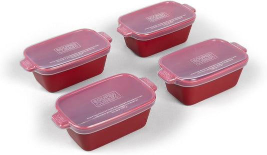 Souper Cubes Stoneware - 5" Square Casserole Dish with Silicone Covers - Ceramic Bakeware Set - Kitchen Utensils and Bakeware - 4 Pack - Cranberry