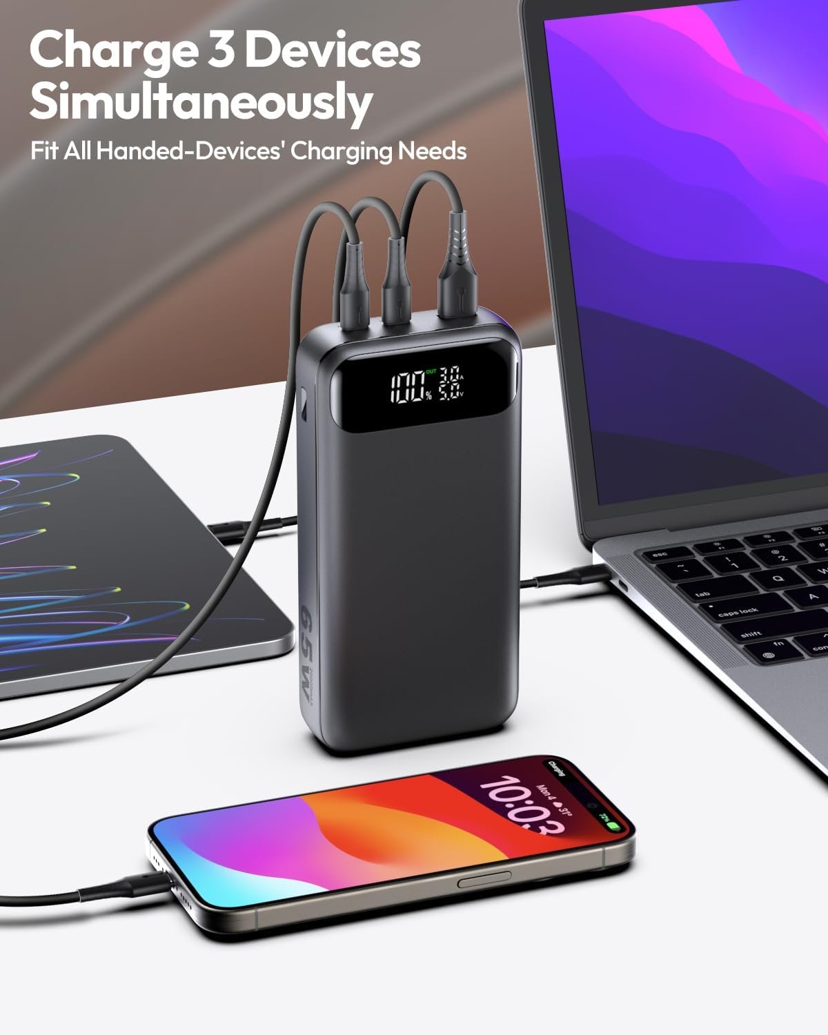 A ADDTOP Power Bank, 20000mAh 65W USB C Laptop Portable Charger, PD QC Fast Charging 3-Output External Battery Pack for MacBook, HP, Tablet, iPhone Series, Samsung, Computer, Steam Deck and More