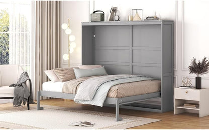 Murphy Wall Cabinet Bed with Foldable Design Space Saving with Slatted Base for Guest Room Home Office Small Apartment MDF Plywood Frame No Box Spring Needed (Gray,Full)