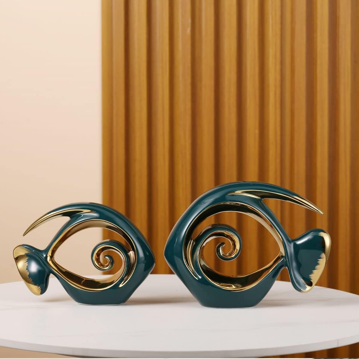 Gold Green Ceramic Fish Figurines - Coastal Home Decor, Modern Ocean Centerpieces for Living Room, Dining Room, Bathroom, Office, Coffee Table, Beach House, Boating, Sea