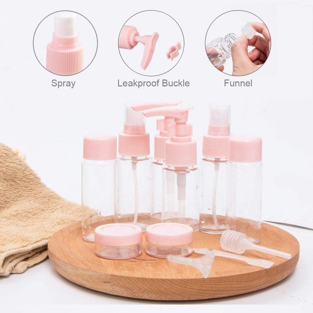 Travel Bottles Kit, Leak Proof Portable Toiletry Containers Set, Clear BPA Free PET Cosmetic Containers for Lotion, Shampoo, Cream, Soap, Set of 11 (Pink, Pack of 1)