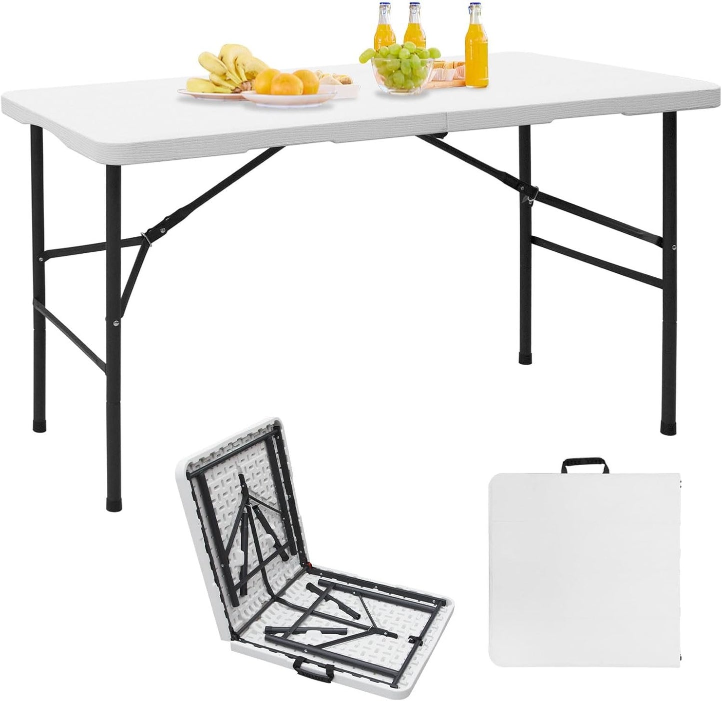 RUN.SE 4FT Camping Table, Plastic Folding Camping Table, 2 Adjustable Height Picnic Table with Carrying Handle for Parties Wedding Camping, White