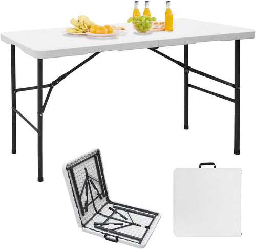 RUN.SE 4FT Camping Table, Plastic Folding Camping Table, 2 Adjustable Height Picnic Table with Carrying Handle for Parties Wedding Camping, White