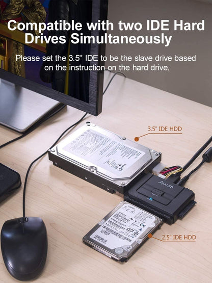 Alxum USB 3.0 to IDE SATA Adapter, Hard Drive Reader for Universal 2.5/3.5 IDE Hard Drive & SATA HDD SSD, Support One Touch Backup and Max 18TB, with 12V 2A Power Adapter & USB A Cable 80cm