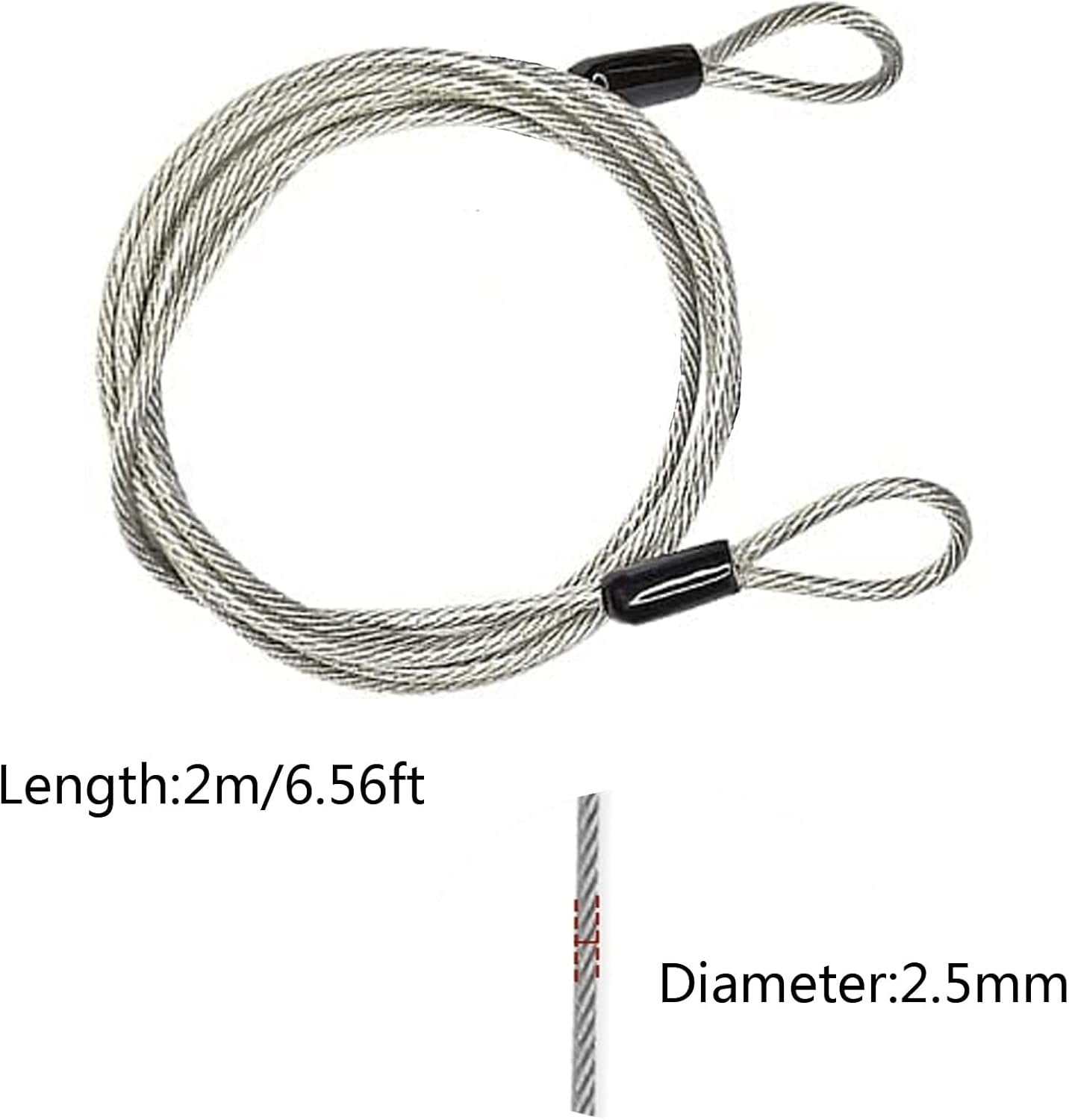 Bike Lock, Security Cable with Loops 6.56 Ft 2.5mm Dia, Braided Steel Coated Luggage Security Cable, Steel Cable with Loops for Luggage, Bike, Fences Etcï¼ˆSilverï¼‰