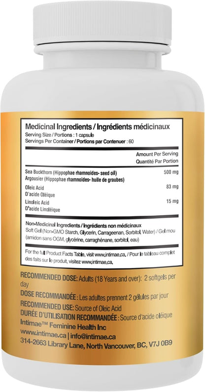 Intimae Glow Sea Buckthorn Oil - Omega 7 Supplement for Skin, Hair, Nails & Intimate Care - Essential Fatty Acid Capsules for Vaginal Moisture, Dryness Relief, & Skin Rejuvenation - 60 Softgels