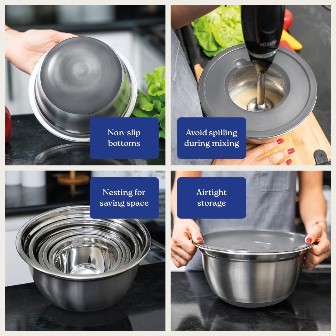 WHYSKOÂ® Stainless Steel Mixing Bowls With Lids Plus Stainless Steel Whisk, Potato Masher and Grater Lids, 5 Nesting Mixing Bowls And Kitchen Tools for Meal Prep, Cooking, Baking, Serving, Food Storage