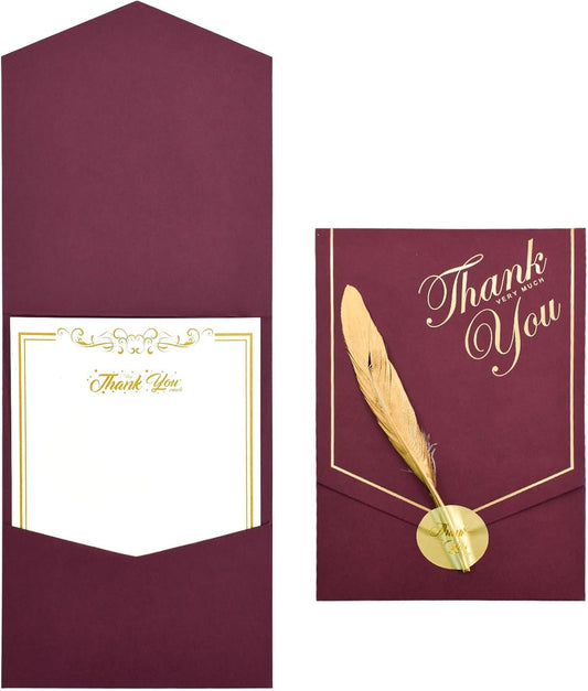 VANRA 10 Sets Stationery Paper with Envelopes Set Letter Writing Paper Envelopes with Feather for Thank You Letter, Invitations, Graduation (10 Writing Stationery Paper + 10 Wine Envelopes)