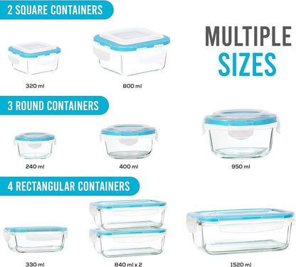 Kichly 18pcs Glass Food Storage Containers with Airtight Lids, BPA Free and FDA Approved, 9 Lids and 9 Containers for Meal Prep, Pantry Organizers, Freezer to Oven Safe, Glass Lunch Boxes,Food Savers