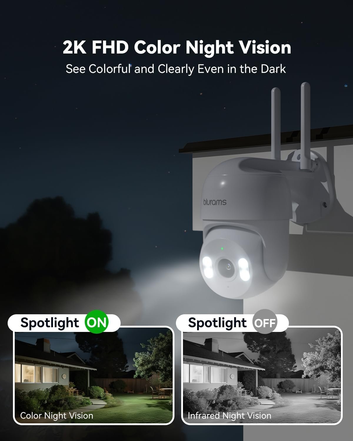 blurams 2K Security Camera Outdoor, 360° PTZ Cameras for Home Security Outside with Motion Detection Tracking, Color Night Vision, Two-Way Audio, IP66 Weatherproof, 2.4GHz Wi-Fi, Works with Alexa