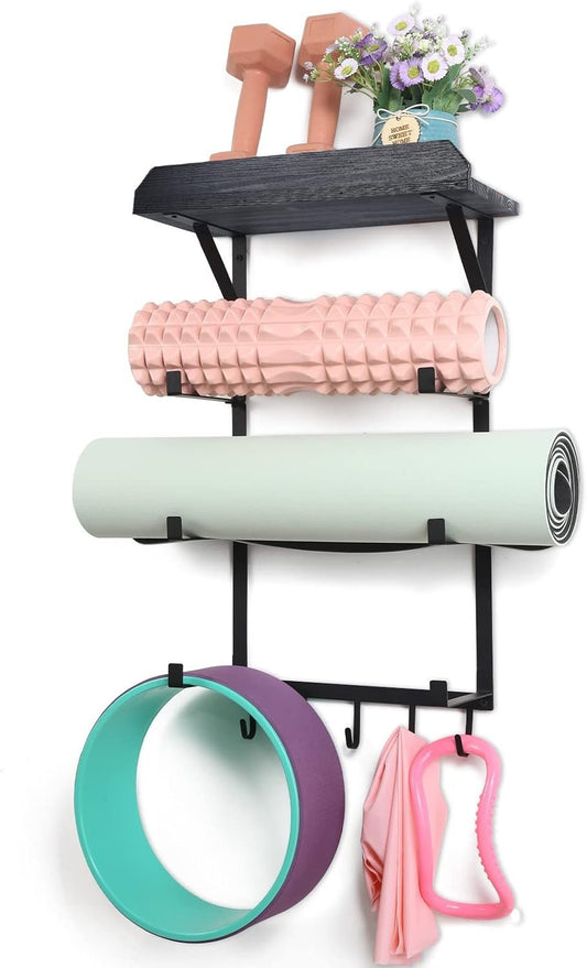 DOCMON Yoga Mat Holder Wall Mount,17" x 28" Yoga Mat Rack Home Gym Accessories, Storage for Foam Roller, with Wood Floating Shelves and 5 Hooks for Hanging Yoga Strap and Resistance Bands (Black)