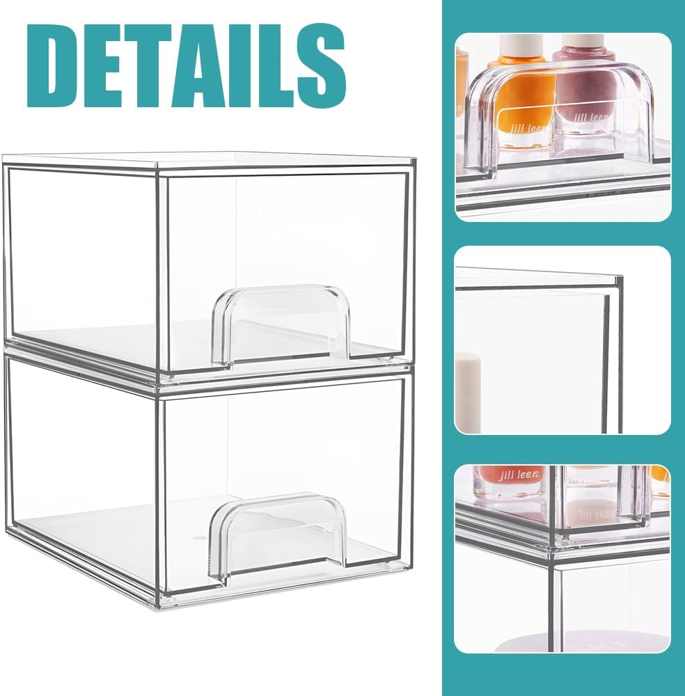 2 Pack Stackable Cosmetic Storage, Portable Bathroom Organizers, Makeup Storage with Drawers, Clear Storage Box for Cosmetics, Skin Care, Hair Accessories (18.9 * 15.3 * 11.2 CM)