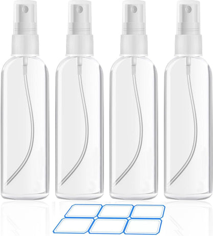 DTDNZKN 4 Pack 3.4 Oz (100ml) Small Spray Bottles, TSA Approved Travel Bottles for Toiletries with Labels - Fine Mist, Refillable, Reusable, Leak Proof