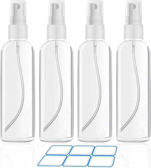 DTDNZKN 4 Pack 3.4 Oz (100ml) Small Spray Bottles, TSA Approved Travel Bottles for Toiletries with Labels - Fine Mist, Refillable, Reusable, Leak Proof